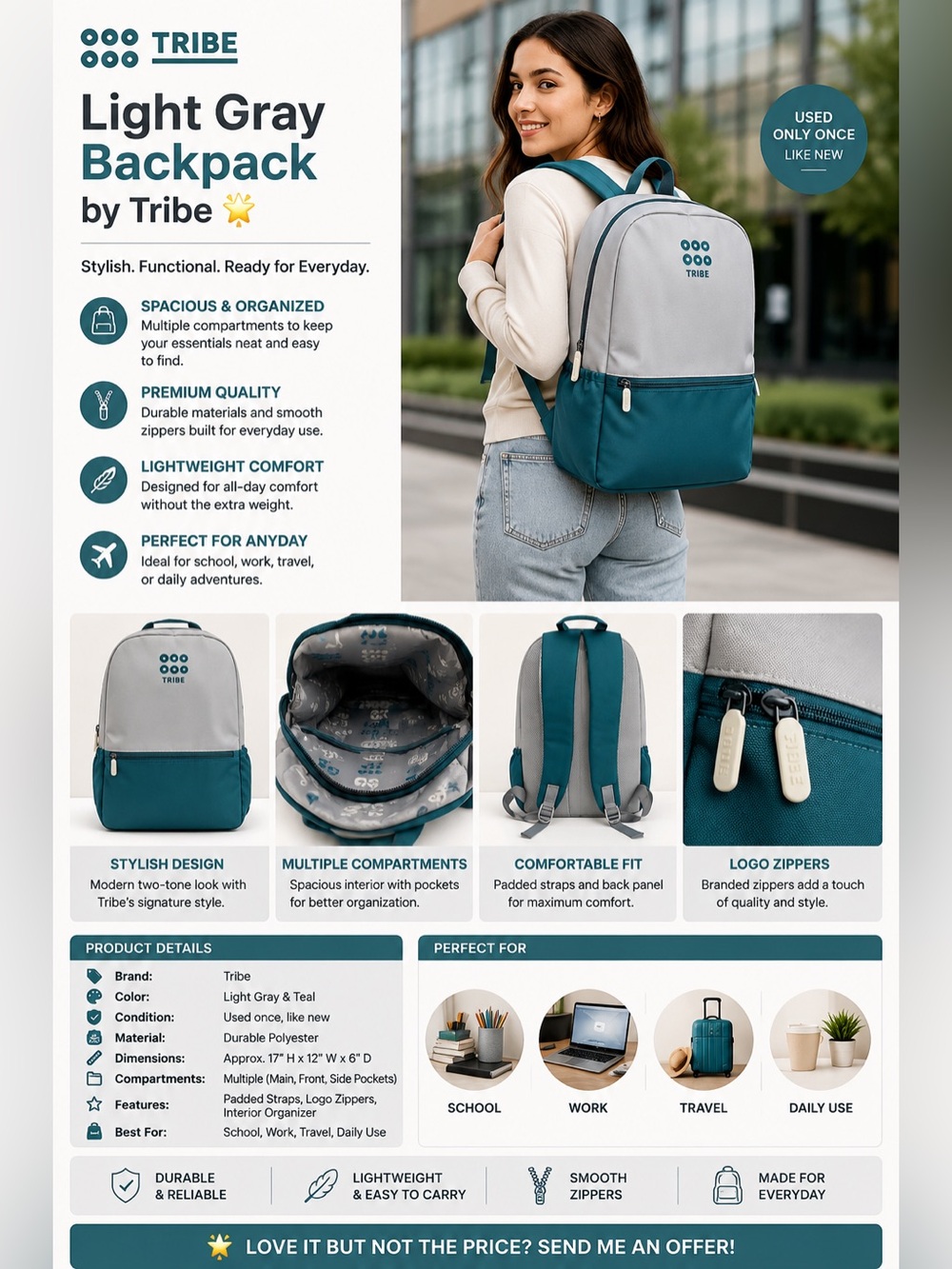 Light Gray Backpack by Tribe 🌟